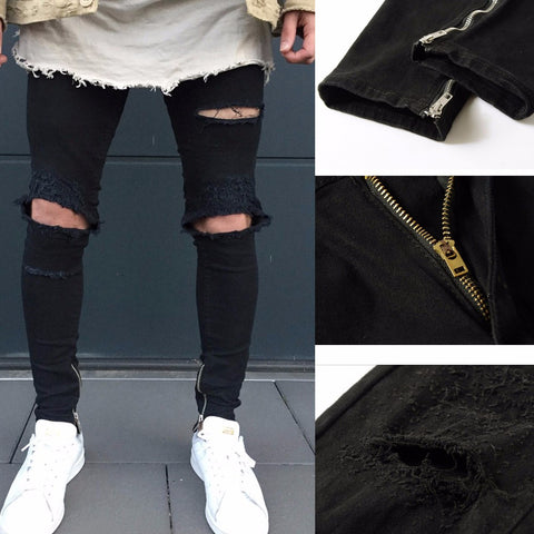 Mens Ripped Slim Fit Motorcycle Vintage Denim Jeans Hiphop Streetwear Pants