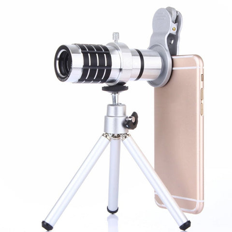 12X HD Outdoor Monocular Accessories Hiking Hunting Metal Long Focus Wide Angle Phone Macro Lens with Tripod for Android iOS